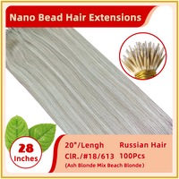 28" #18/613 100 Strands  Nano Micro Beads Nano Ring Tip Human  Russian Hair Extensions Ash Blonde Mix Beach Blonde